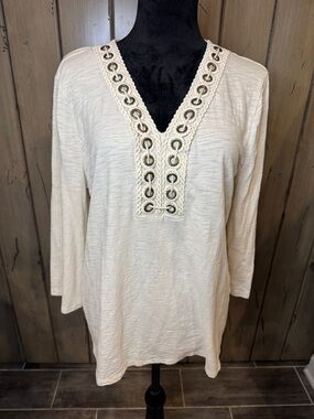 Chico's Cream Eyelet-Trim V-Neck Tunic